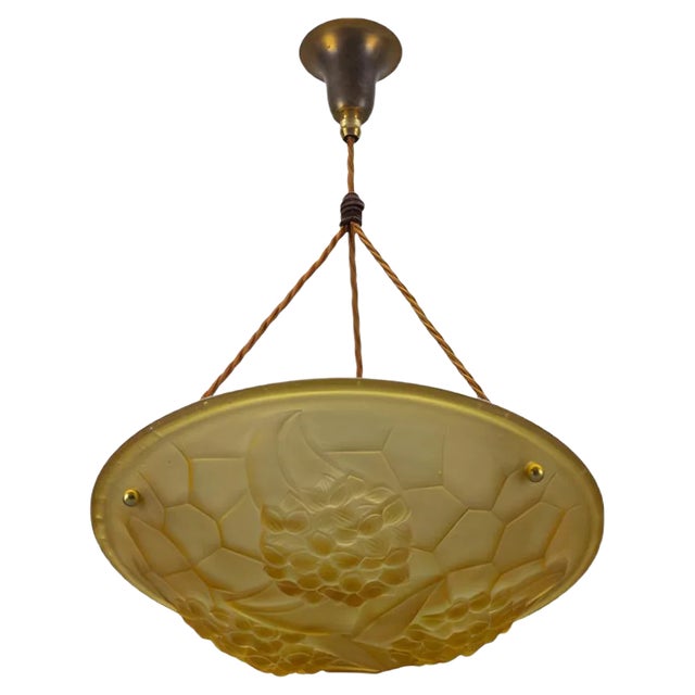 French Art Deco Frosted Amber Colored Pendant Light from ROS, 1930s For Sale
