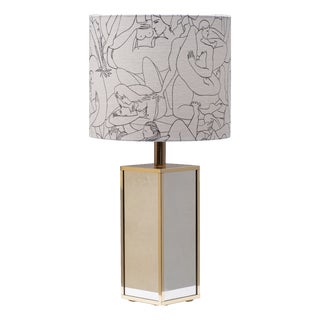Vintage Mirrored Table Lamp with Pierre Frey Fabric Shade, 1980s For Sale