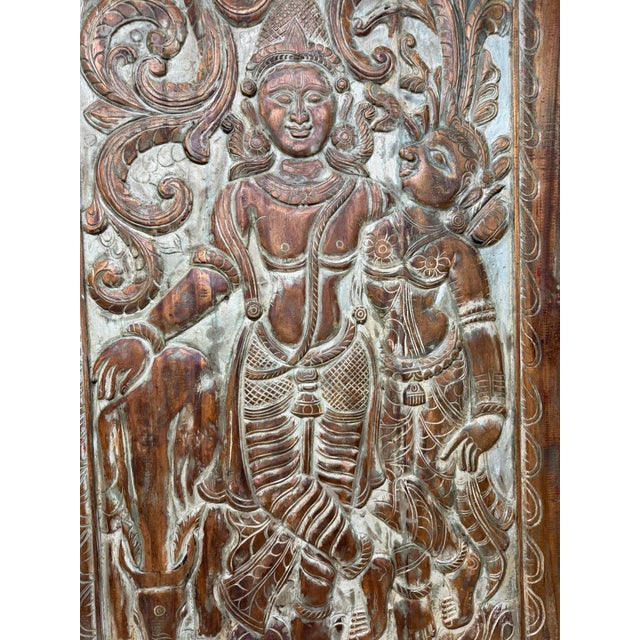 Mid-Century Modern Radha Krishna Carved Wood Wall Art Blue Vintage Barn Door Wall Panel 84x41 For Sale - Image 3 of 7