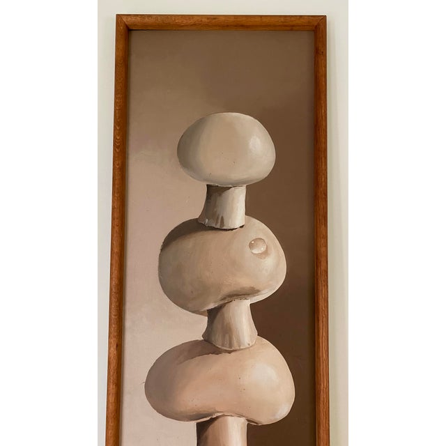 Tall, Contemporary oil on canvas depicting still life painting of stacked mushrooms, bearing faint illegible signature...