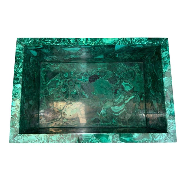Gemstone Large Italian Malachite Lidded Decorative Box on Ball Feet. 20th Century. For Sale - Image 7 of 8