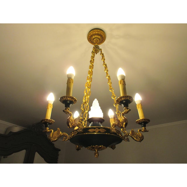French Napoleon Empire Style Brass Chandelier with Swans and Green Glass Lampshades, 1970s For Sale - Image 10 of 18