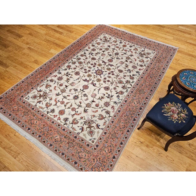 Ivory Vintage Persian Tabriz Rug, Hand-Knotted Wool & Silk, Allover Floral Pattern, Ivory & Pale Red, 7x10 For Sale - Image 8 of 18