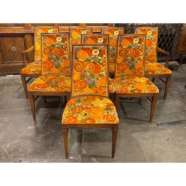Set of 8 Pecan Dining Chairs With Jack Lenor Larsen Fabric For Sale In Dallas - Image 6 of 7