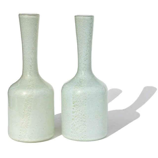 Mid-Century Modern Vintage Murano Light Blue and Green Over White Gold Flecks Italian Art Glass Flower Vases - A Pair For Sale - Image 3 of 6