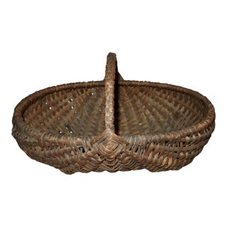 20" Wide 19th Century Handmade Basket Splint Oak Filled With New Faux Autumn Flowers & Vines For Sale