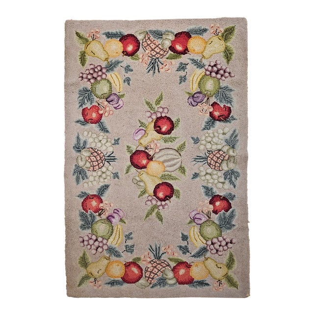 Vintage American Hand Hooked Rug, Fruit Pattern Design, Folk Art Tapestry, 2x4 For Sale