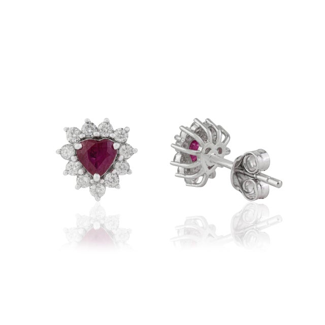 Heart-Cut Ruby & Diamond Floral Halo Stud Earrings in 14k White Gold- A Pair For Sale In New York - Image 6 of 14