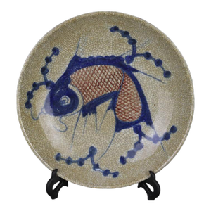 Chinese Vintage Ceramic Plate,Blue and White Underglaze Red Porcelain Plate Hand Painted Fish Pattern