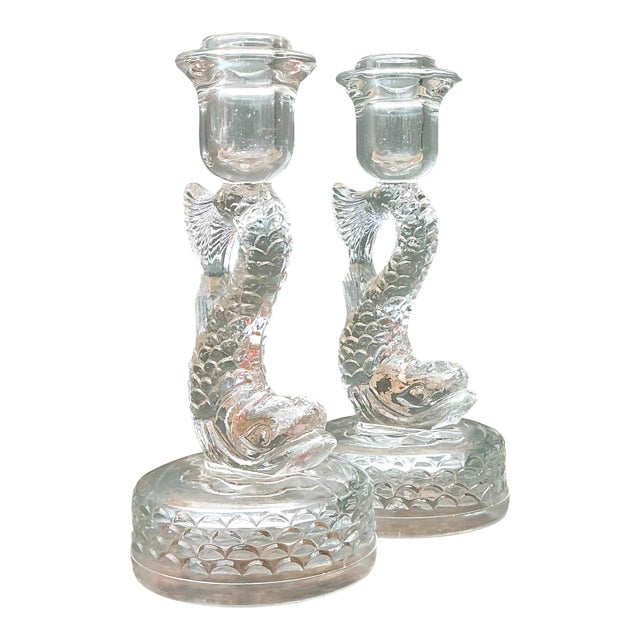 Vintage Dolphin Glass Candlesticks - A Pair For Sale