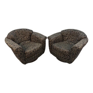 Pair of Mid 20th Century Swivel Club Chairs W/ Abstract Upholstery For Sale