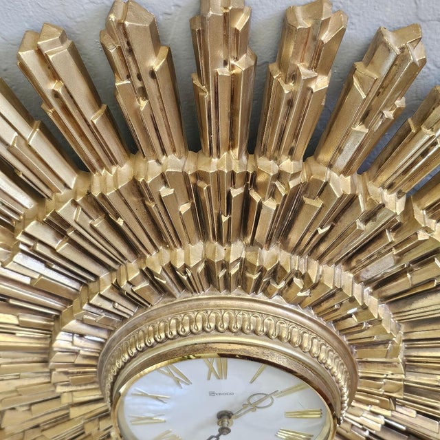 Syroco Mid 20th Century Modern Starburst Wall Clock in Antique Gold Finish For Sale - Image 17 of 18
