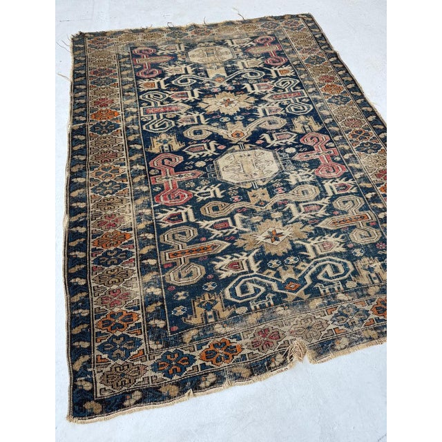 Early 20th Century Distressed Caucasian Perpedil Navy Rug 3.8 x 4.8 For Sale - Image 9 of 11