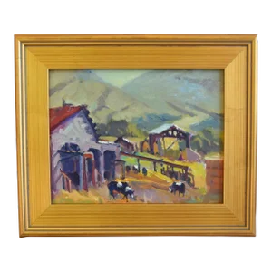 Impressionist Farm & Cattle Landscape by Listed Artist Silvio Silvestri Oil Painting W/ Antiqued Gold Wood Frame