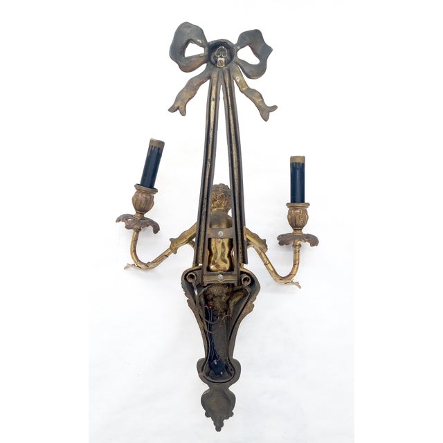 La Barge Pair Antique Gilt Bronze Two-Light Wall Sconce w/ Cherub Louis XVI Style NICE For Sale - Image 4 of 12