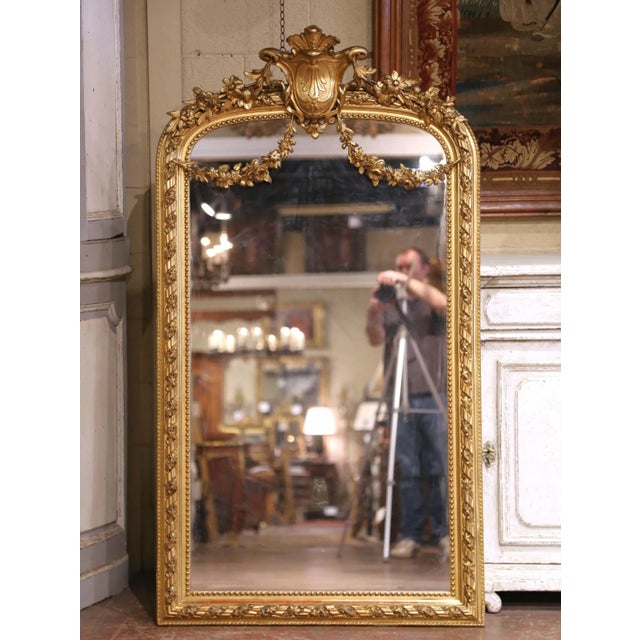 Late 19th Century 19th Century French Louis XVI Giltwood Mirror With Shield Crest and Floral Decor For Sale - Image 5 of 8