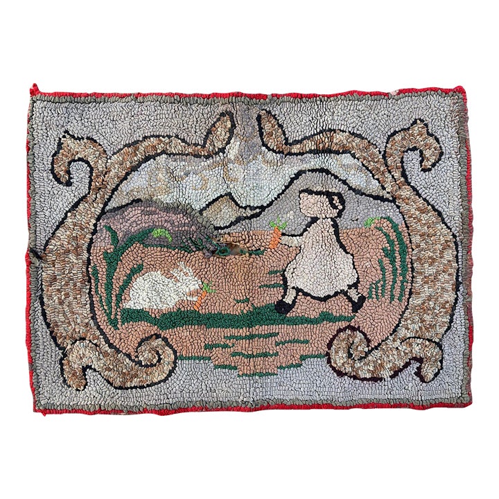 Antique American Folk Art Hand-Hooked Textile With Rabbit and Child ...