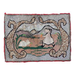 Antique American Folk Art Hand-Hooked Textile With Rabbit and Child Motif For Sale