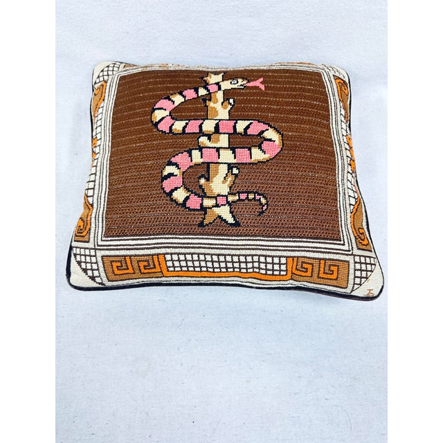 Mid-Century Modern Vintage Handmade Folk Art Snake & Tree Branch Needlepoint Accent Pillow For Sale - Image 3 of 8