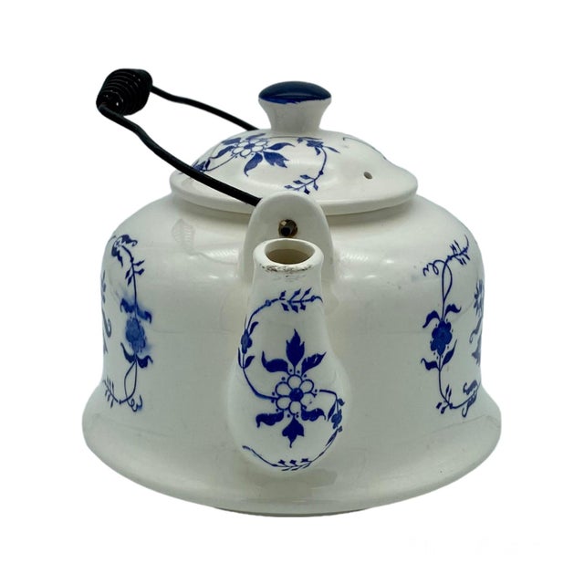 Shabby Chic Vintage Blue & White Hand Painted Ceramic Tea Kettle For Sale - Image 3 of 4