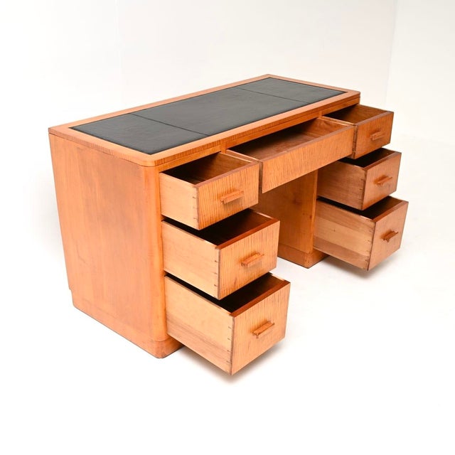 1930s Art Deco Satin Birch Leather Top Pedestal Desk, 1930 For Sale - Image 5 of 11