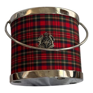 Vintage Red Tartan / Plaid Chrome Lion Crest Ice Bucket For Sale
