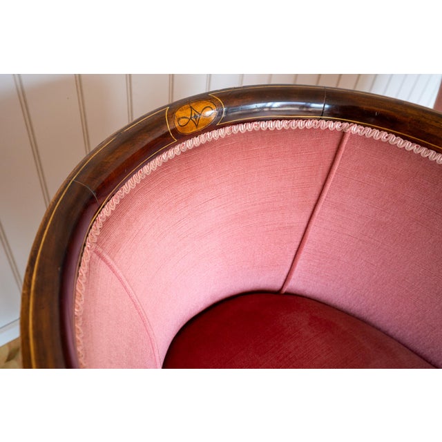 Antique Art Nouveau Edwardian Barrel Back Tub Armchairs in Mahogany and Pink Upholstery, 1910, Set of 2 For Sale - Image 11 of 18