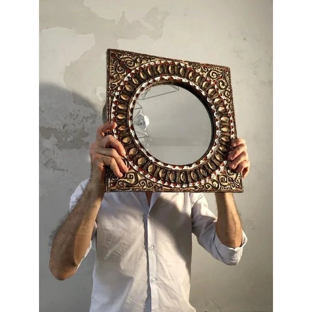 A large, hypnotic and solar mirror Mural "Soleil", modernist, seventies, thick structure in square ceramic with solar...