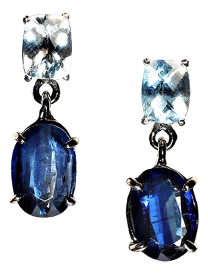 Awesome Aquamarine Ovals and Blue Kyanite in 14k White Gold Earrings - 2 Pieces