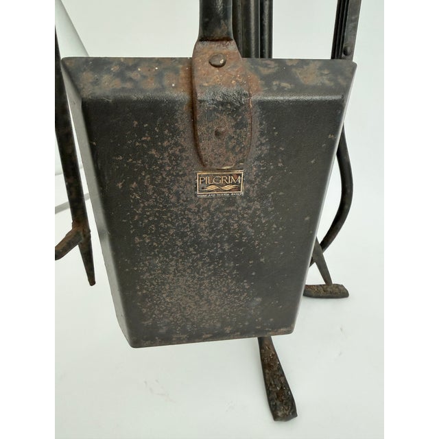 Metal Vintage Primitive Hand-Forged Wrought Iron Pilgrim Fireplace Tool Set - 5 Pieces For Sale - Image 7 of 11