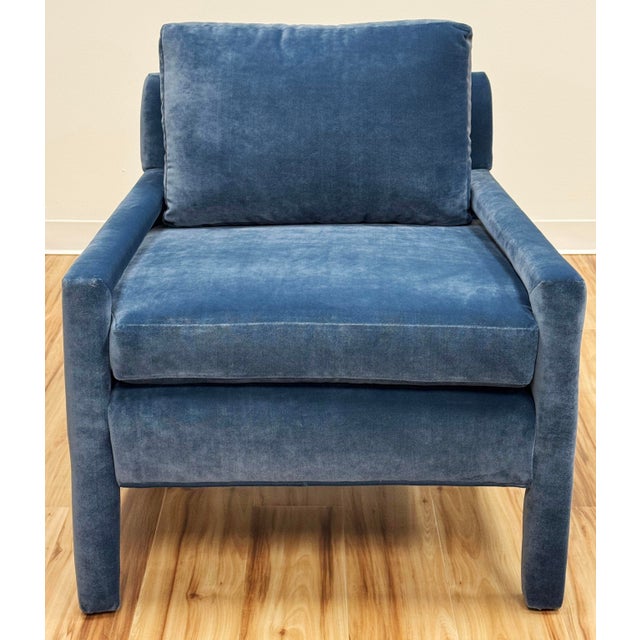 Mid 20th Century Vintage Newly Upholstered MCM Blue Velvet Parsons Chair For Sale - Image 5 of 11