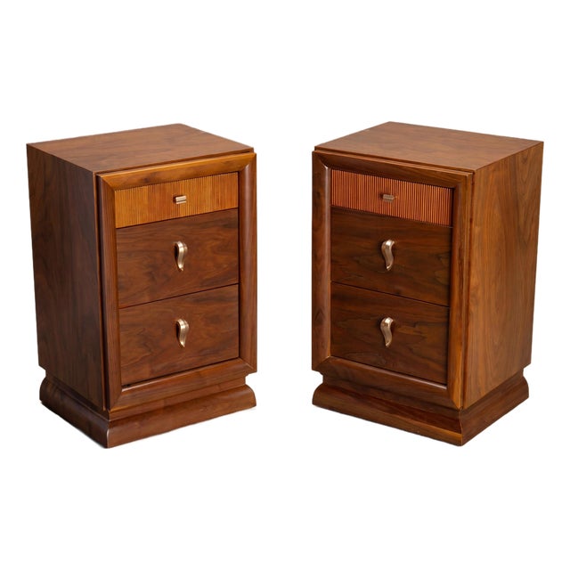 Nightstand End Tables in Laurel Wood With Gold Hardware, Pair For Sale