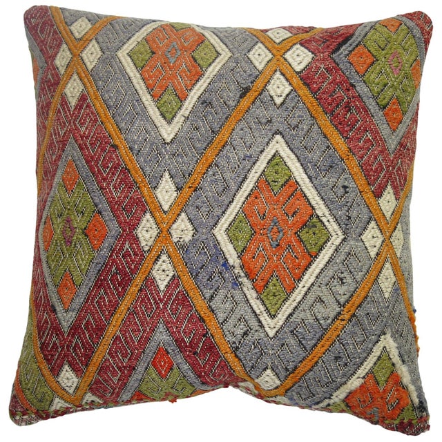 Pillow made from a cicim Turkish flat-weave technique pillow. Size: 20" x 20".