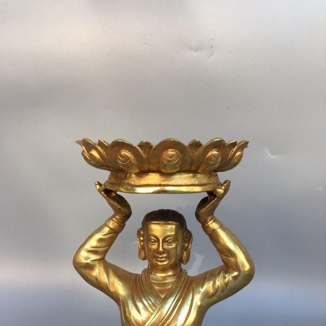 Bronze Vintage Pair of Gilt Bronze Kneeling Figure Candlesticks - Buddhist Altar Lamps For Sale - Image 8 of 9