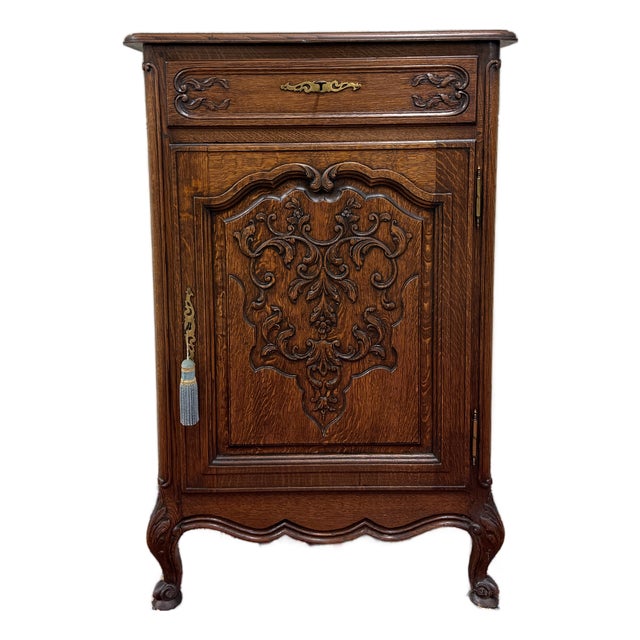 Antique French Louis XV Style Cabinet Cupboard With Drawer Carved Oak C. 1920s For Sale