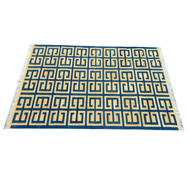 Cotton Vegetable Dyed Royal Blue And Yellow Geometric Reversible Rug-6'x9' These special flat-weave dhurries are hand-...