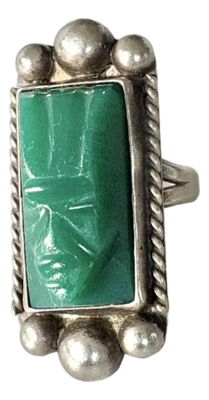 Vintage Aztec Carved Green Onyx and Sterling Silver Ring - Stamped, Size 5.75