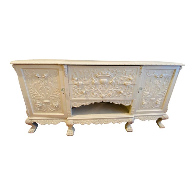 Vintage French Victorian Hand Carved Painted Buffet Cabinet Credenza For Sale