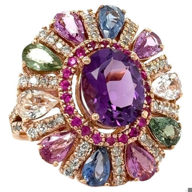 Contemporary 7.87 Carat Natural Amethyst Sapphire and Diamond Rose Gold Cocktail Ring, Size 7 For Sale - Image 3 of 8