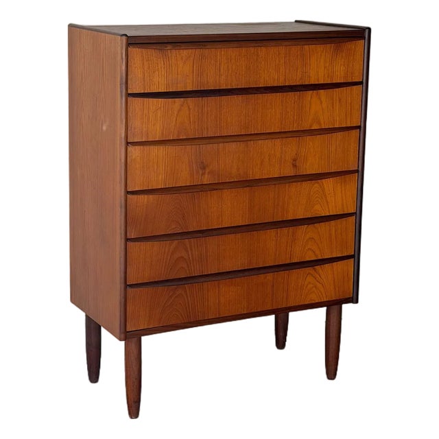 1960s Danish Mid Century Modern Teak Tallboy Dresser Chest of Drawers Scandinavian Vintage For Sale