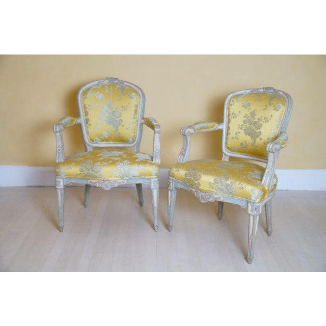 19th C. Louis XVI Style Silk Upholstered Painted Fauteuils - Set of 2 For Sale - Image 14 of 15
