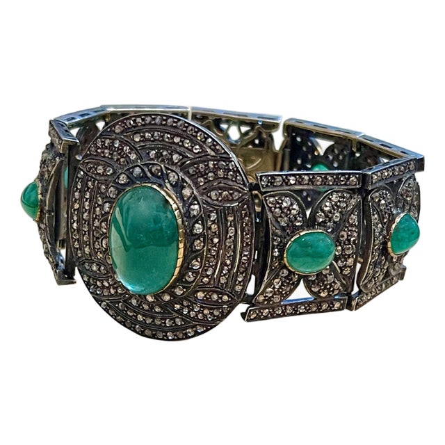 Bangle Bracelet Victorian Diamond Emerald Cabochon 14K Gold, Silver, Yellow Gold For Sale