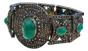 Bangle Bracelet Victorian Diamond Emerald Cabochon 14K Gold, Silver, Yellow Gold