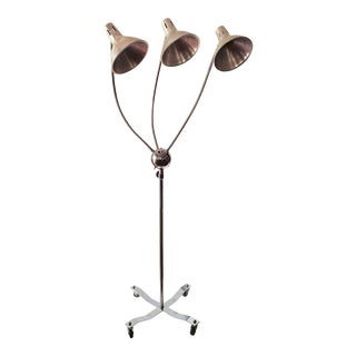 Mid Century Modernist, Chrome Triple Light Gooseneck Mobile Floor Lamp on Casters For Sale