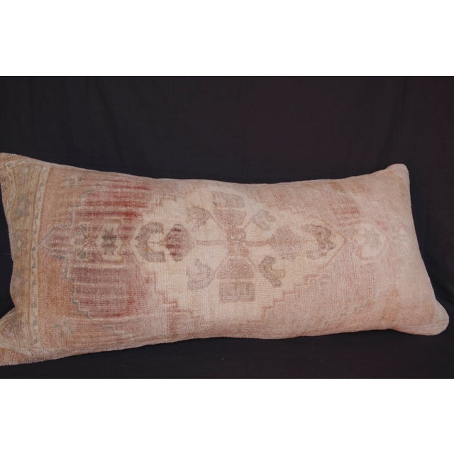 Faded Oushak Rug Pillow – Vintage Turkish Handwoven Lumbar Cushion -17'' X 37'' For Sale - Image 12 of 13