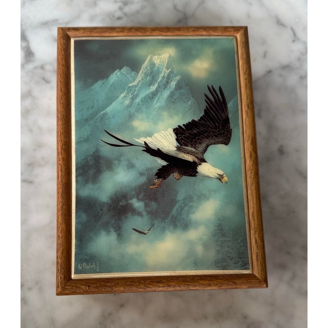 American Solid Wood Jewelry Box With Bald Eagle Tile Top, Signed by Artist Ted Blaylock, 1986, Red Felt Interior For Sale - Image 3 of 9