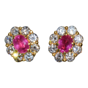Gia Natural 2.12cts vs F Diamond Madagascar Ruby 18k Gold Cluster Halo Earrings, A Pair