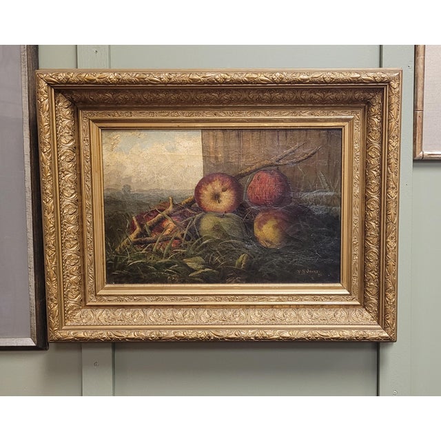 Beautiful antique oil painting of apples signed F B Jones and dated 1886 in original frame all original. Features a...