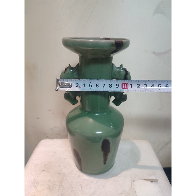 Chinese Ceramic Vase Longquan Ware Celadon Vase Hand Carved Double Dragon Ears For Sale - Image 11 of 11