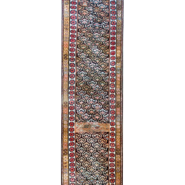 This early 20th-century Kurdish runner is a captivating example of tribal craftsmanship, woven by Kurdish artisans from...